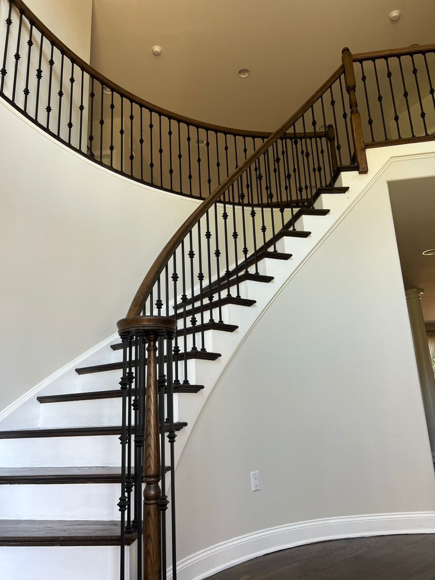 Curved staircase with dark oak handrail and iron balusters