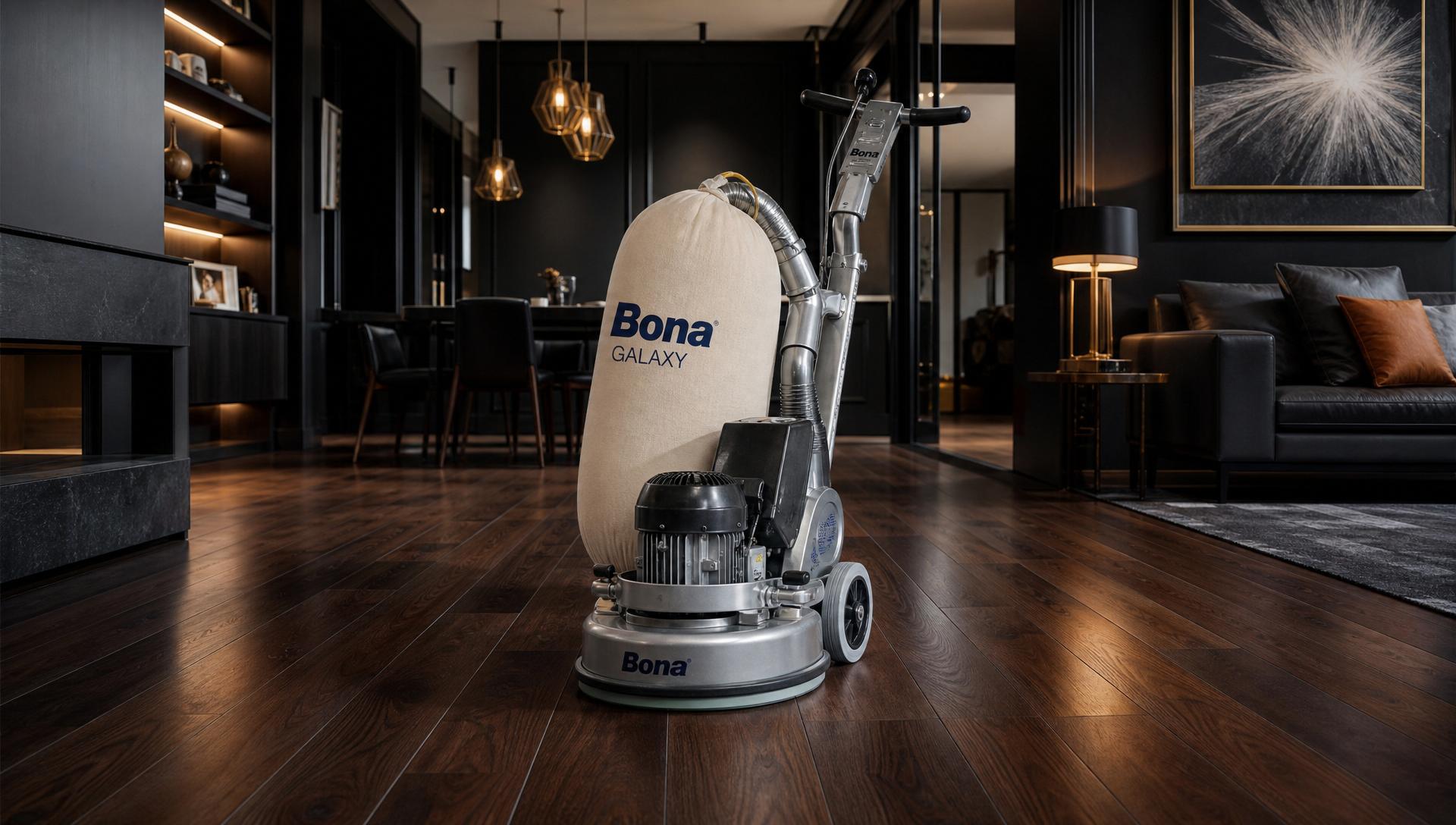 Professional Bona Galaxy hardwood floor sanding machine in a luxury dark interior